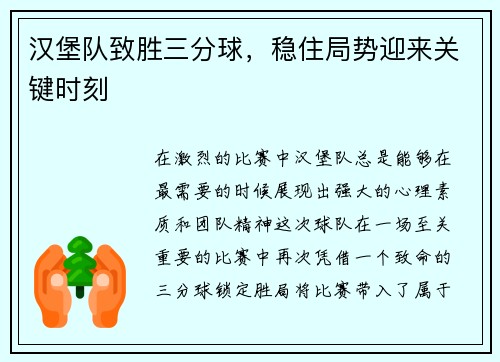 汉堡队致胜三分球，稳住局势迎来关键时刻